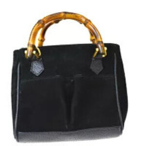 Gucci Bamboo Shoulder Bag Handbag Black Suede Leather